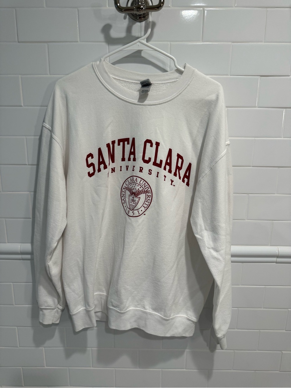 Gildan White Crewneck Sweatshirt with Maroon University Text